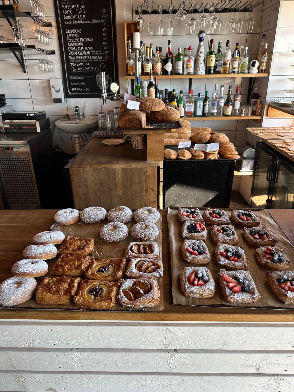 Scandinavian bakery table with artisan sourdough and coffee